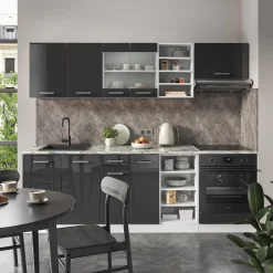 Vicco Küchenzeile R-Line, Küchenblock, Anthrazit Hochglanz/Weiß, 240 cm, AP Marmor