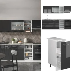 Vicco Küchenzeile R-Line, Küchenblock, Anthrazit Hochglanz/Weiß, 240 cm, AP Marmor