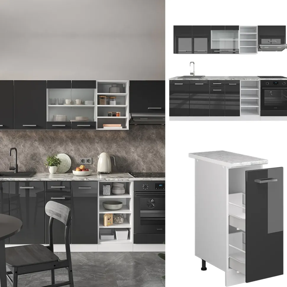 Vicco Küchenzeile R-Line, Küchenblock, Anthrazit Hochglanz/Weiß, 240 cm, AP Marmor