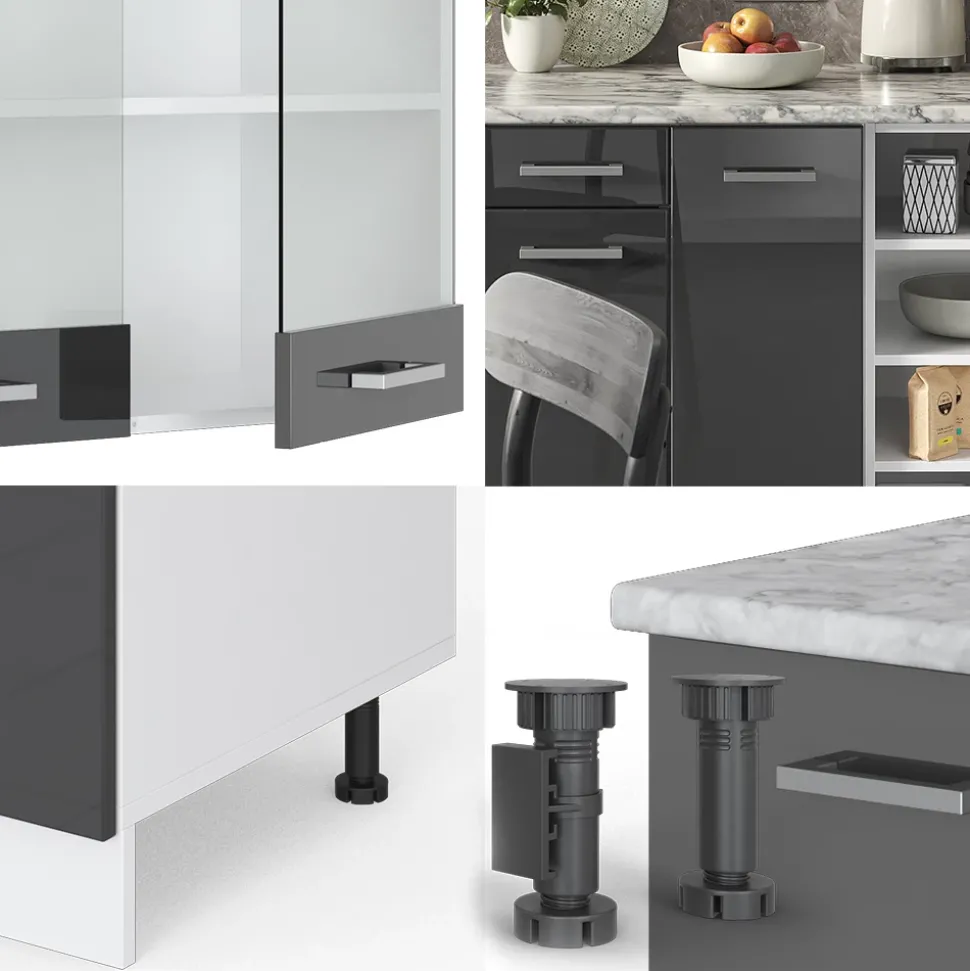 Vicco Küchenzeile R-Line, Küchenblock, Anthrazit Hochglanz/Weiß, 240 cm, AP Marmor