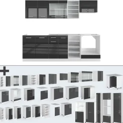 Vicco Küchenzeile R-Line, Küchenblock, Anthrazit Hochglanz/Weiß, 240 cm, AP Marmor