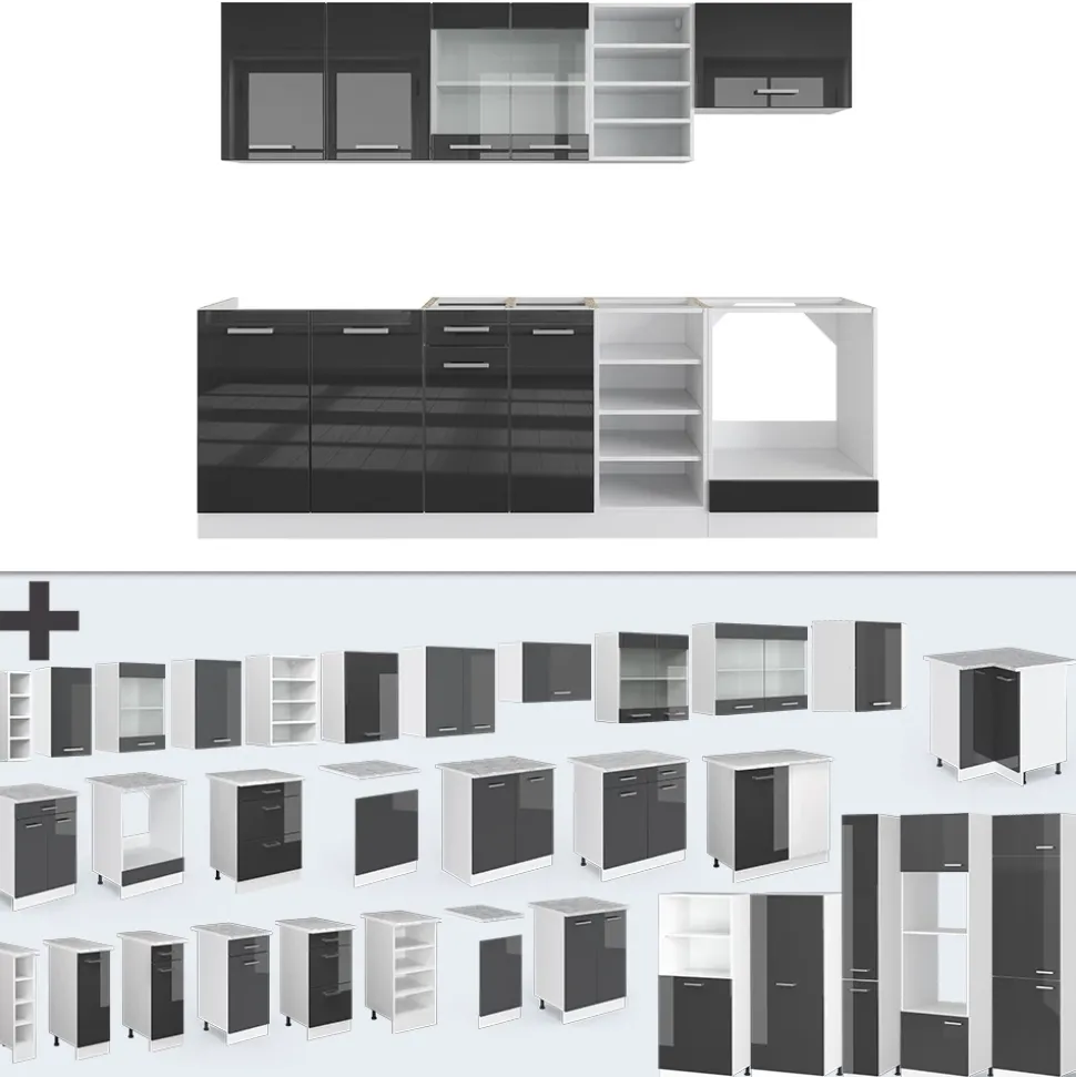 Vicco Küchenzeile R-Line, Küchenblock, Anthrazit Hochglanz/Weiß, 240 cm, AP Marmor