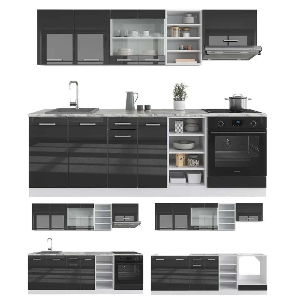 Vicco Küchenzeile R-Line, Küchenblock, Anthrazit Hochglanz/Weiß, 240 cm, AP Marmor