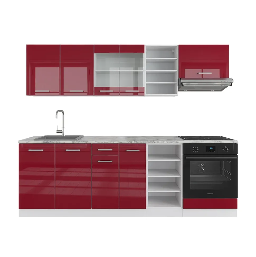 Vicco Küchenzeile "R-Line", Rot Hochglanz/Weiß, 240 cm , AP Marmor