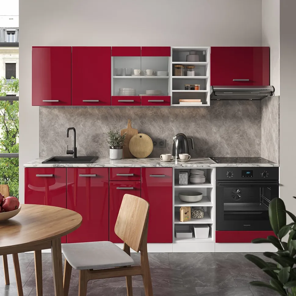 Vicco Küchenzeile "R-Line", Rot Hochglanz/Weiß, 240 cm , AP Marmor