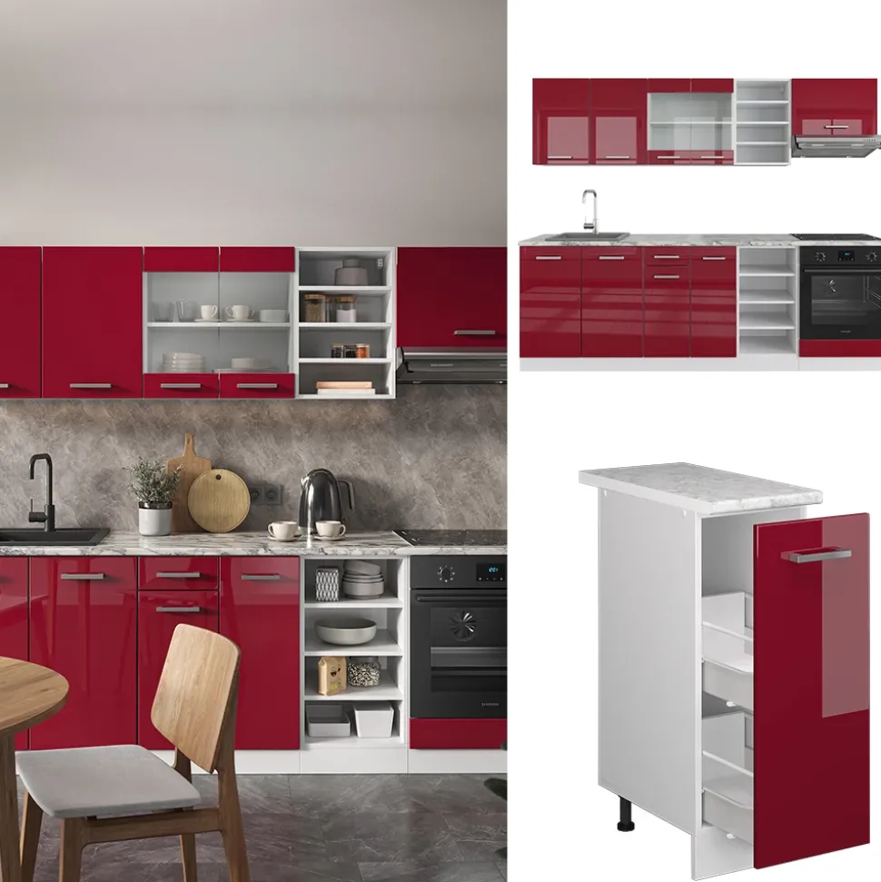 Vicco Küchenzeile "R-Line", Rot Hochglanz/Weiß, 240 cm , AP Marmor