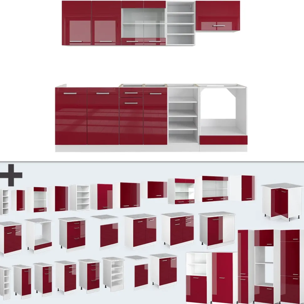 Vicco Küchenzeile "R-Line", Rot Hochglanz/Weiß, 240 cm , AP Marmor