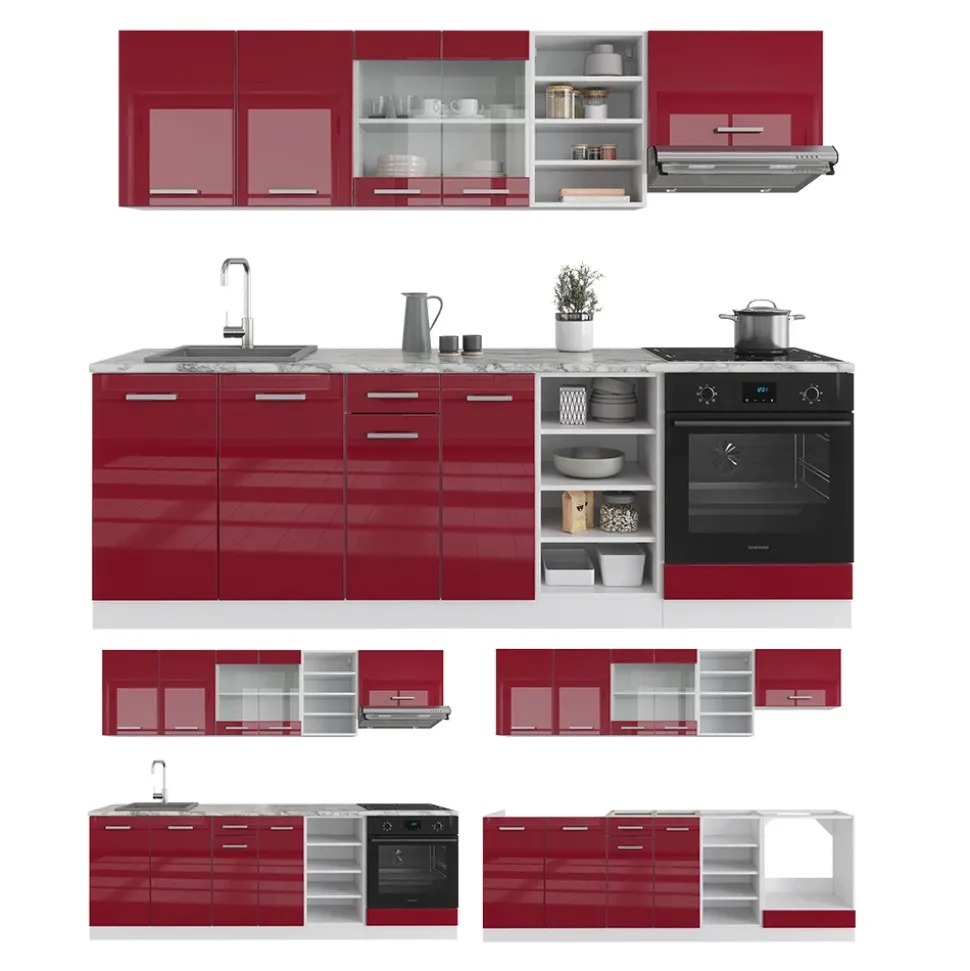 Vicco Küchenzeile "R-Line", Rot Hochglanz/Weiß, 240 cm , AP Marmor