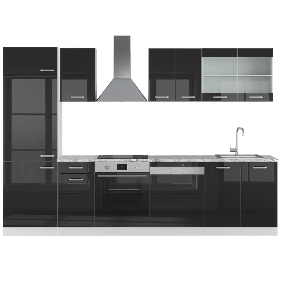 Vicco Küchenzeile "R-Line", Schwarz Hochglanz/Weiß, 300 cm ohne Arbeitsplatte