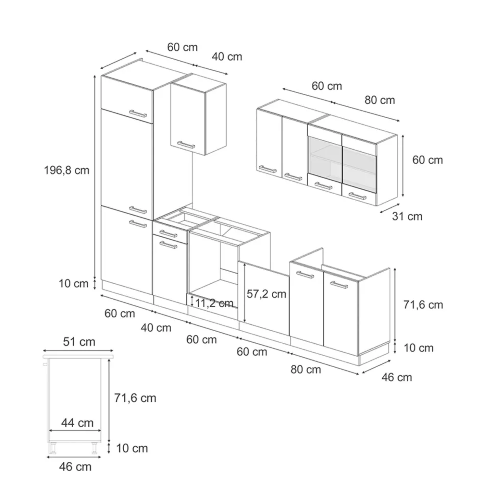 Vicco Küchenzeile "R-Line", Schwarz Hochglanz/Weiß, 300 cm ohne Arbeitsplatte