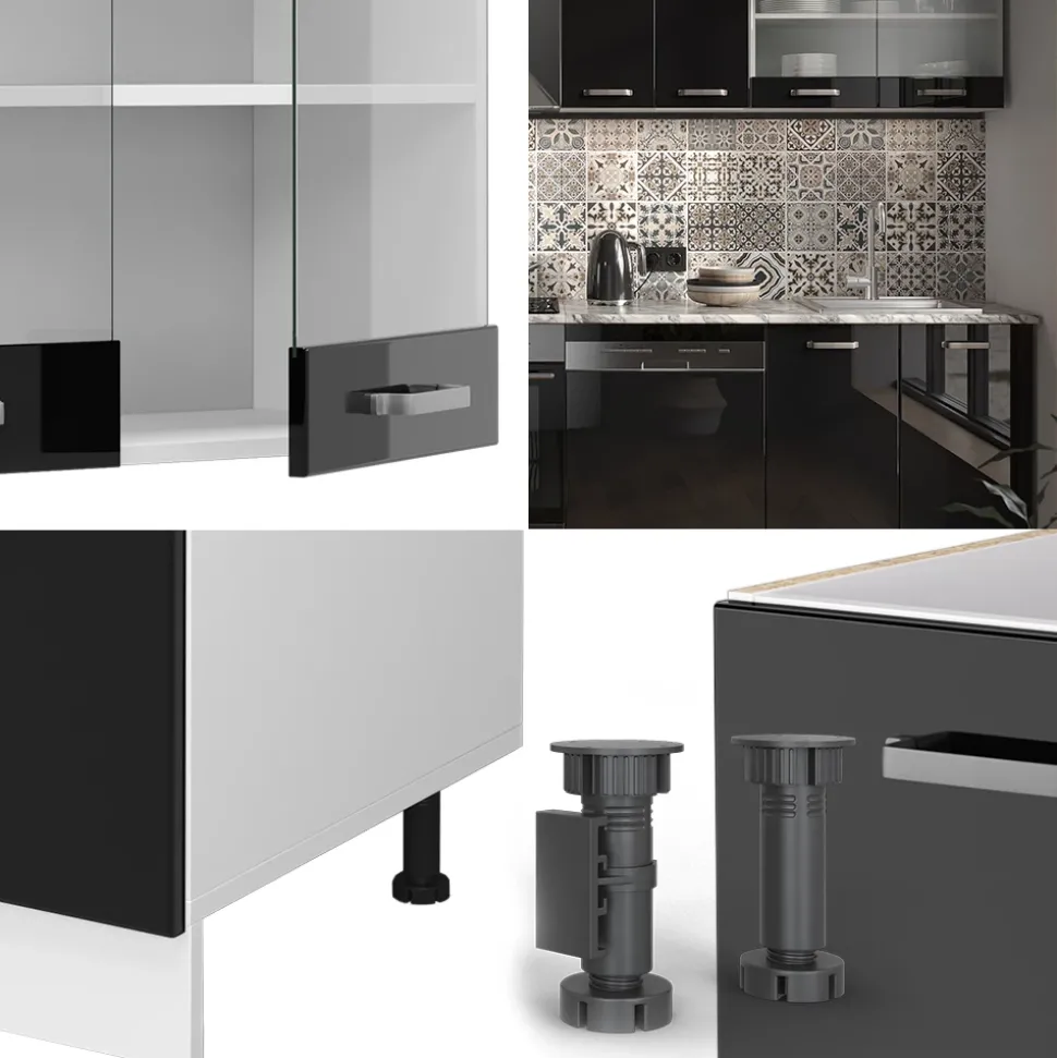 Vicco Küchenzeile "R-Line", Schwarz Hochglanz/Weiß, 300 cm ohne Arbeitsplatte