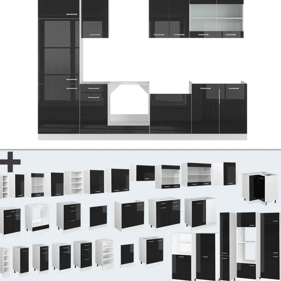Vicco Küchenzeile "R-Line", Schwarz Hochglanz/Weiß, 300 cm ohne Arbeitsplatte
