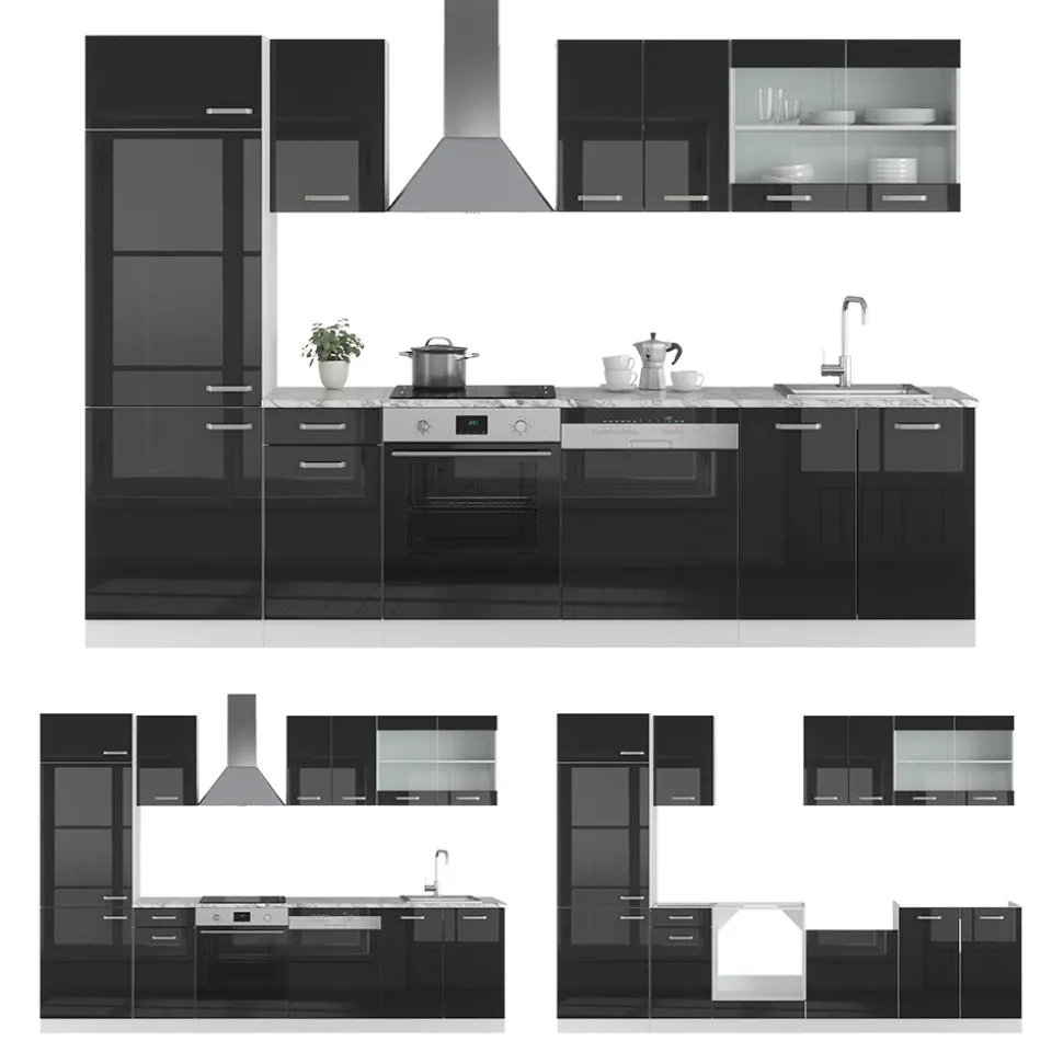 Vicco Küchenzeile "R-Line", Schwarz Hochglanz/Weiß, 300 cm ohne Arbeitsplatte