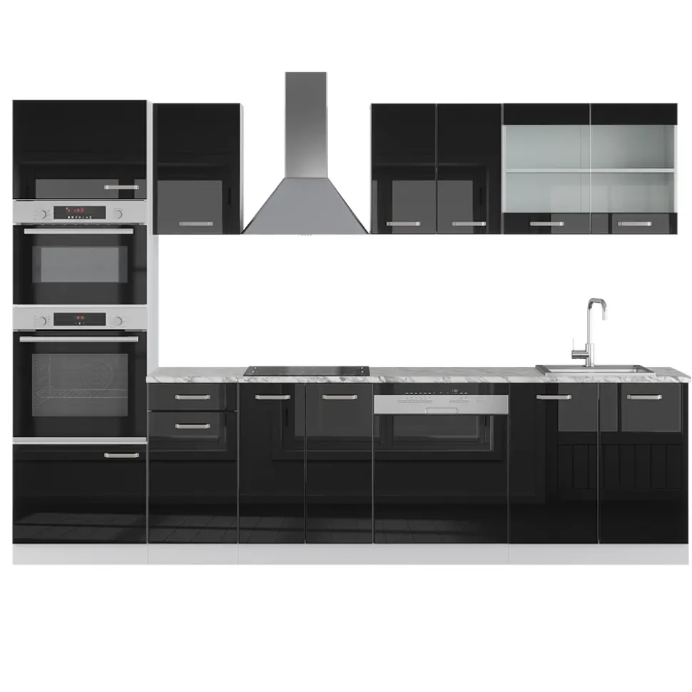 Vicco Küchenzeile "R-Line", Schwarz Hochglanz/Weiß, 300 cm mit Hochschrank, AP Marmor