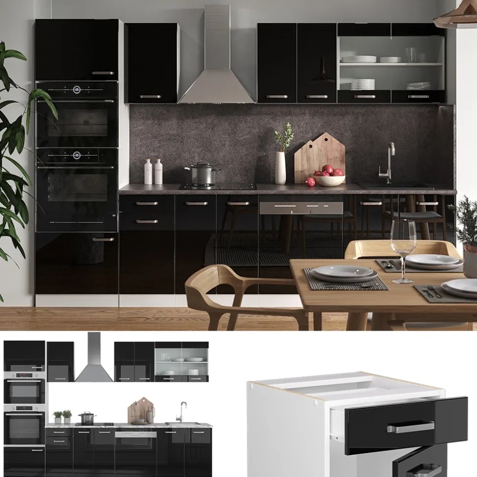 Vicco Küchenzeile "R-Line", Schwarz Hochglanz/Weiß, 300 cm mit Hochschrank, AP Marmor