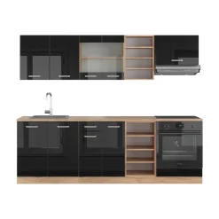 Vicco Küchenzeile "R-Line", Schwarz Hochglanz/Goldkraft Eiche, 240 cm ohne Arbeitsplatte