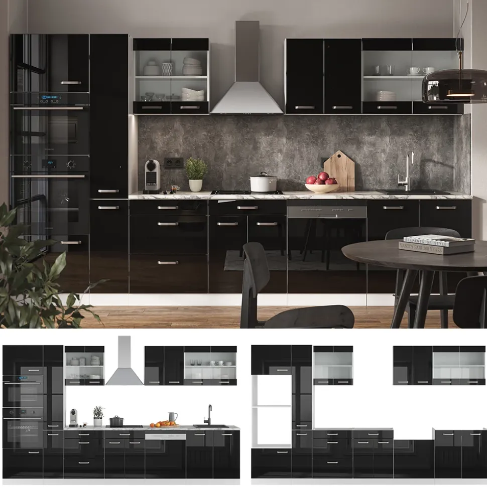 Vicco Küchenzeile "R-Line", Schwarz Hochglanz/Weiß, 350 cm mit Hochschrank, AP Marmor