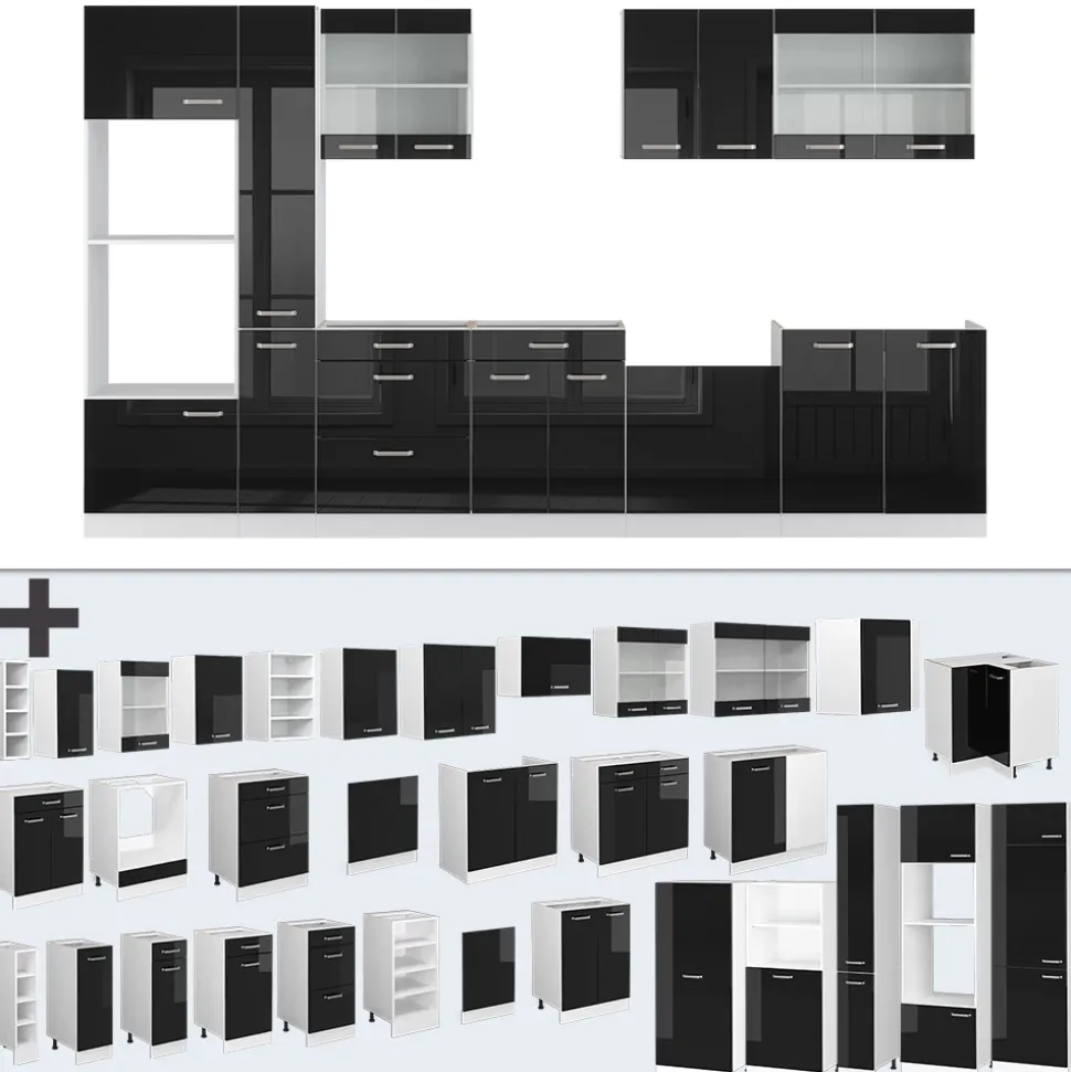 Vicco Küchenzeile "R-Line", Schwarz Hochglanz/Weiß, 350 cm mit Hochschrank, AP Marmor