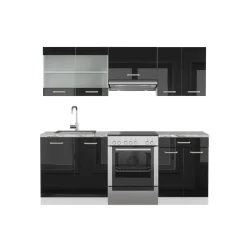 Vicco Küchenzeile "R-Line", Schwarz Hochglanz/Weiß, 200 cm Ohne Arbeitsplatte