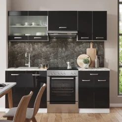 Vicco Küchenzeile "R-Line", Schwarz Hochglanz/Weiß, 200 cm Ohne Arbeitsplatte