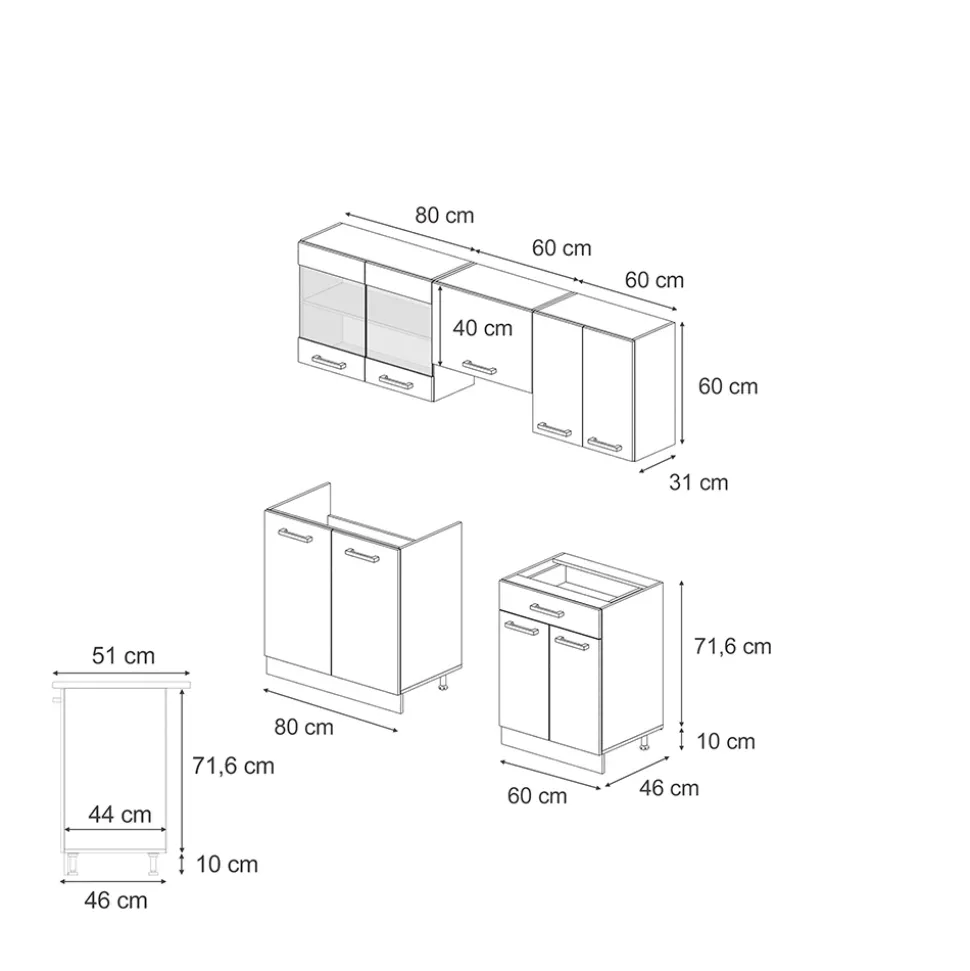 Vicco Küchenzeile "R-Line", Schwarz Hochglanz/Weiß, 200 cm Ohne Arbeitsplatte