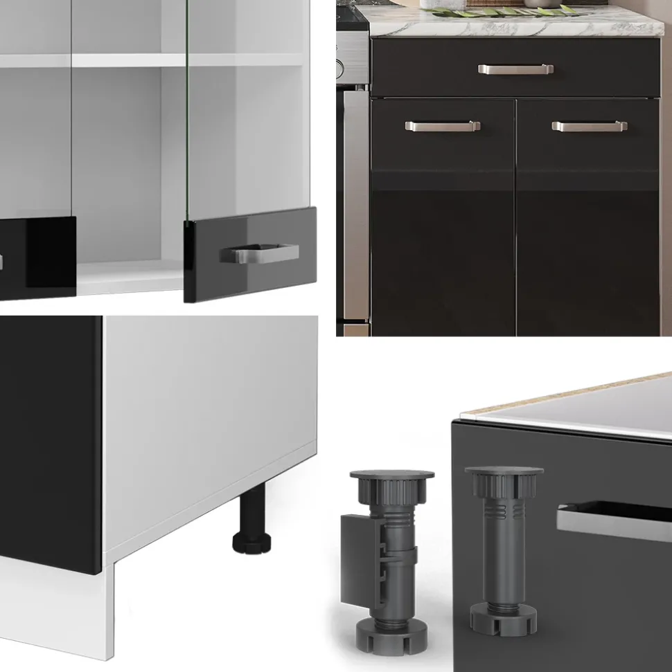 Vicco Küchenzeile "R-Line", Schwarz Hochglanz/Weiß, 200 cm Ohne Arbeitsplatte