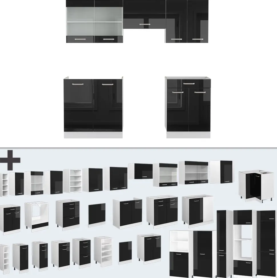 Vicco Küchenzeile "R-Line", Schwarz Hochglanz/Weiß, 200 cm Ohne Arbeitsplatte