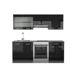 Vicco Küchenzeile "R-Line", Schwarz Hochglanz/Anthrazit, 200 cm ohne Arbeitsplatte