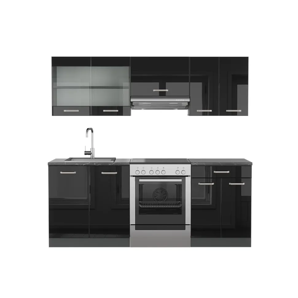 Vicco Küchenzeile "R-Line", Schwarz Hochglanz/Anthrazit, 200 cm ohne Arbeitsplatte