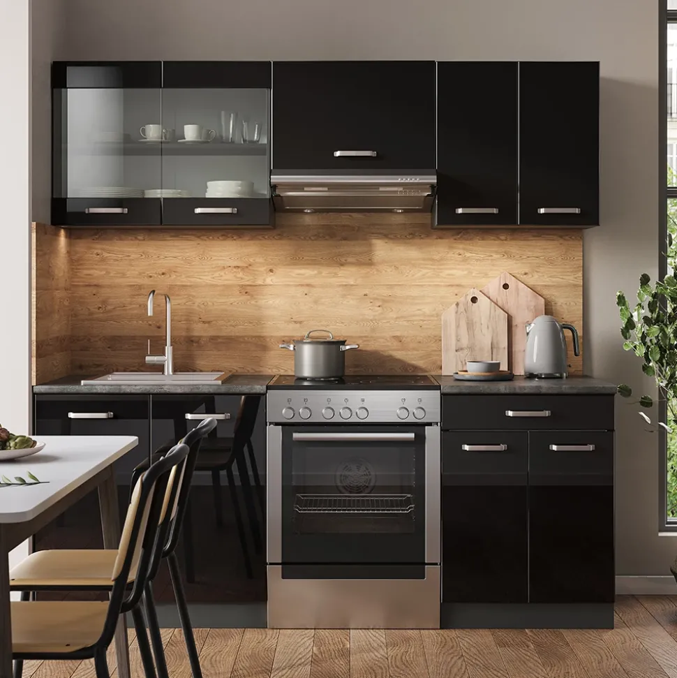 Vicco Küchenzeile "R-Line", Schwarz Hochglanz/Anthrazit, 200 cm ohne Arbeitsplatte