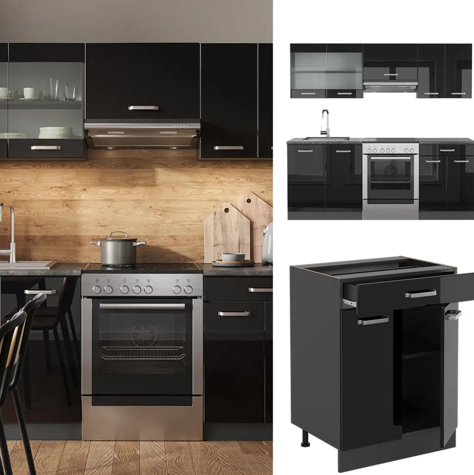 Vicco Küchenzeile "R-Line", Schwarz Hochglanz/Anthrazit, 200 cm ohne Arbeitsplatte