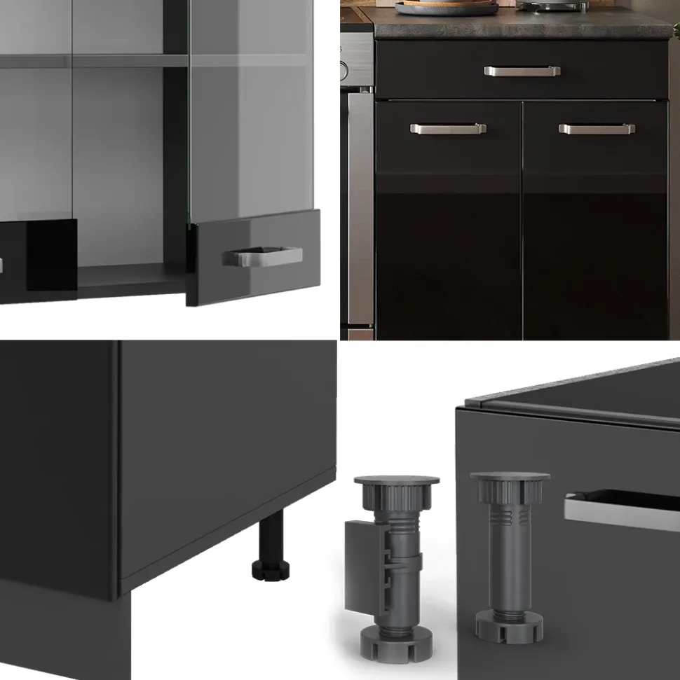 Vicco Küchenzeile "R-Line", Schwarz Hochglanz/Anthrazit, 200 cm ohne Arbeitsplatte