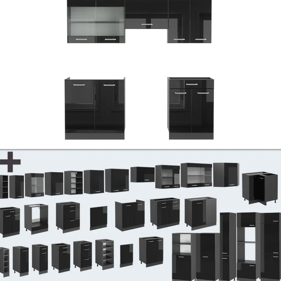 Vicco Küchenzeile "R-Line", Schwarz Hochglanz/Anthrazit, 200 cm ohne Arbeitsplatte
