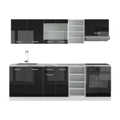 Vicco Küchenzeile "R-Line", Schwarz Hochglanz/Weiß, 240 cm ohne Arbeitsplatte