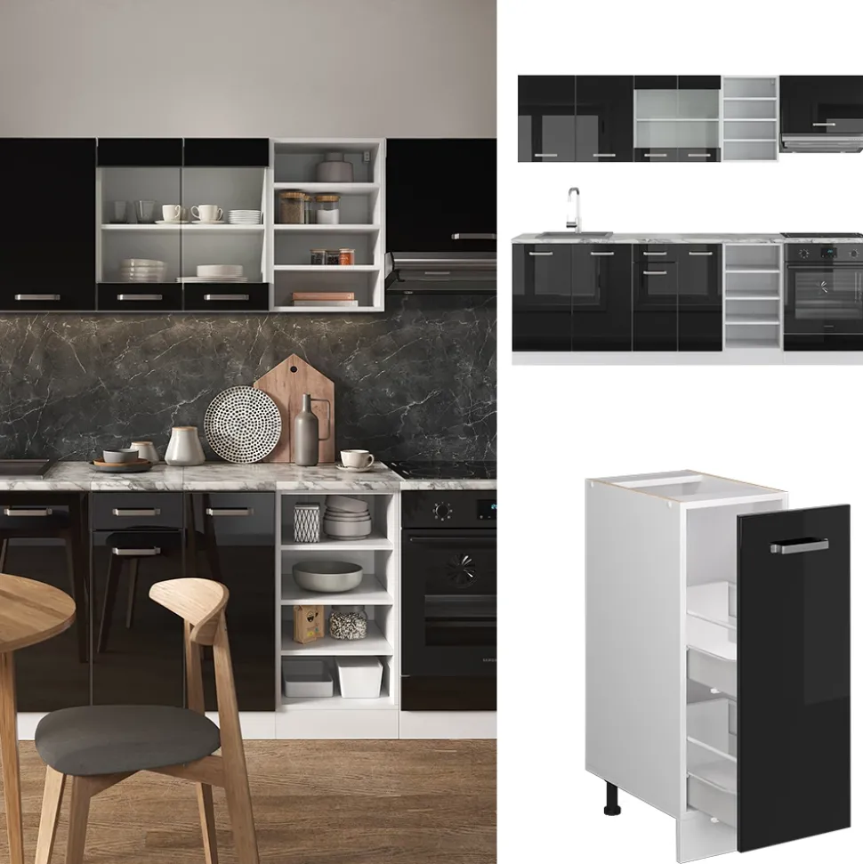 Vicco Küchenzeile "R-Line", Schwarz Hochglanz/Weiß, 240 cm ohne Arbeitsplatte