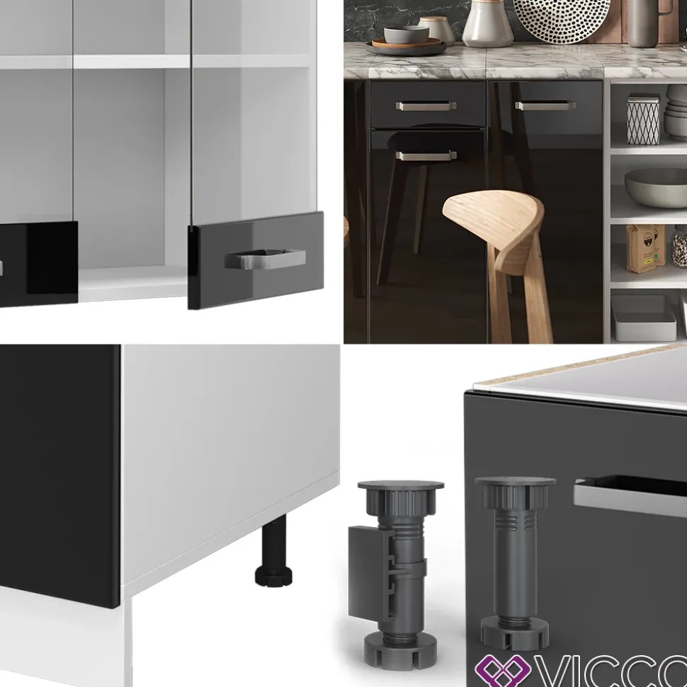 Vicco Küchenzeile "R-Line", Schwarz Hochglanz/Weiß, 240 cm ohne Arbeitsplatte