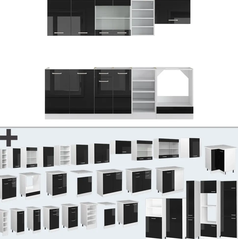 Vicco Küchenzeile "R-Line", Schwarz Hochglanz/Weiß, 240 cm ohne Arbeitsplatte