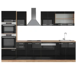 Vicco Küchenzeile "R-Line", Schwarz Hochglanz/Goldkraft Eiche, 300 cm mit Hochschrank, ohne Arbeitsplatte