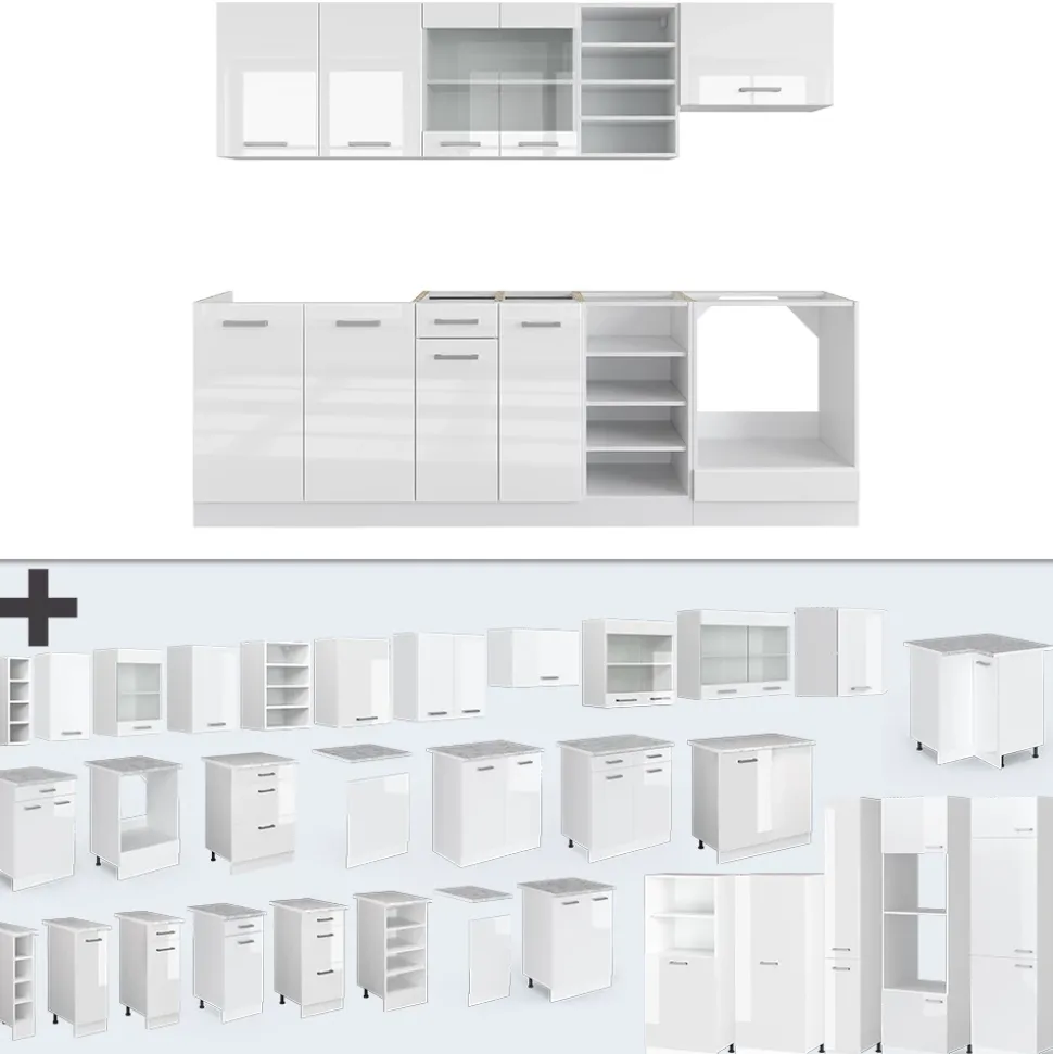 Vicco Küchenzeile "R-Line", Weiß Hochglanz/Weiß, 240 cm ohne Arbeitsplatte
