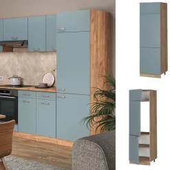 Vicco Kühlumbauschrank R-Line, Hochschrank für die Küche, Blau-Grau/Goldkraft Eiche, 60 cm