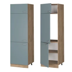 Vicco Kühlumbauschrank R-Line, Hochschrank für die Küche, Blau-Grau/Goldkraft Eiche, 60 cm