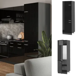 Vicco Kühlumbauschrank R-Line, Hochschrank für die Küche, Schwarz Hochglanz/Anthrazit, 60 cm