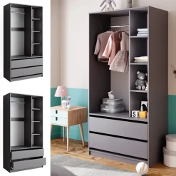 Vicco Kinderkleiderschrank Anthrazit Elmo mit 2 Schubladen - 100x200x50 cm aus Spanplatte - Regal für Kinder und Teenager, für platzsparende Organisation im Alltag