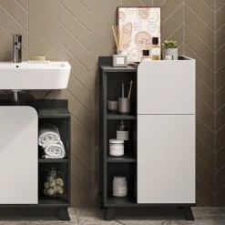 Vicco Midischrank Anthrazit/Weiß Karen 50x90x35 cm - Die Badezimmermöbel, Kombination aus offenen und geschlossenen Fächern für Flexibilität