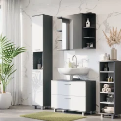 Vicco Midischrank Anthrazit/Weiß Ilias 30x95x30 cm - Die Badezimmermöbel, Mehr Ordnung im Badezimmer durch übersichtliche Ablage
