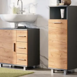 Vicco Midischrank Goldkraft Eiche/Anthrazit Ilias 30x95x30 cm - Die Badezimmermöbel, Ideal für kleine Räume und schmale Nischen