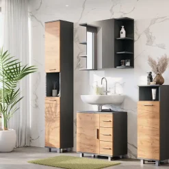 Vicco Midischrank Goldkraft Eiche/Anthrazit Ilias 30x95x30 cm - Die Badezimmermöbel, Ideal für kleine Räume und schmale Nischen