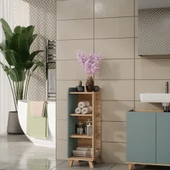 Vicco Midischrank Sonoma/Blau Karen 30x90x35 cm - Die Badezimmermöbel, Mehr Ordnung im Badezimmer durch übersichtliche Ablage