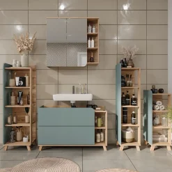 Vicco Midischrank Sonoma/Blau Karen 30x90x35 cm - Die Badezimmermöbel, Mehr Ordnung im Badezimmer durch übersichtliche Ablage