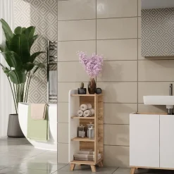 Vicco Midischrank Sonoma/Weiß Karen 30x90x35 cm - Die Badezimmermöbel, Mehr Ordnung im Badezimmer durch übersichtliche Ablage